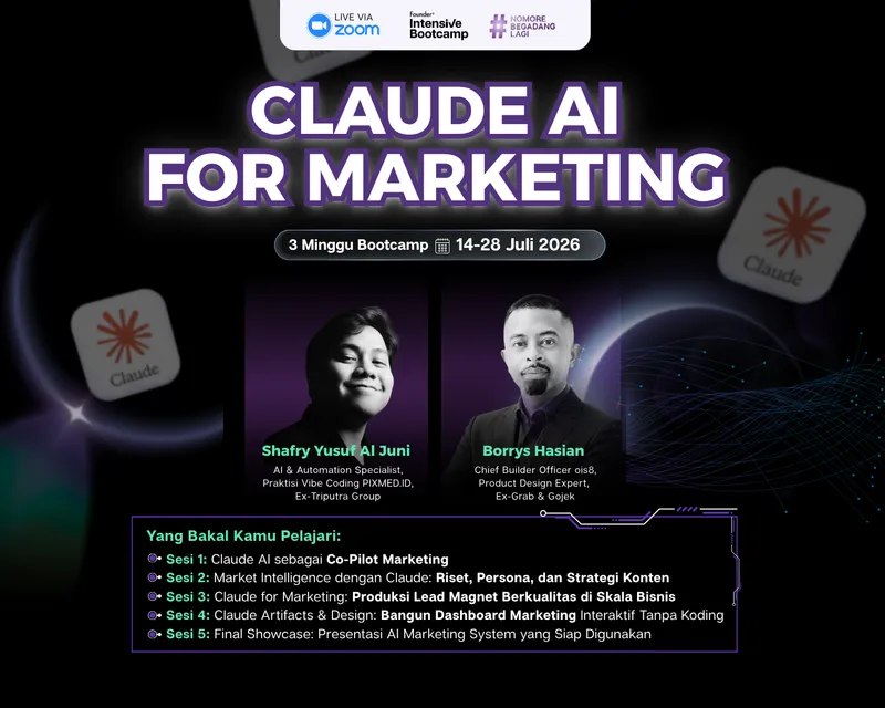 Poster Bootcamp Claude AI for Marketing, 14-28 Juli 2026, live via Zoom